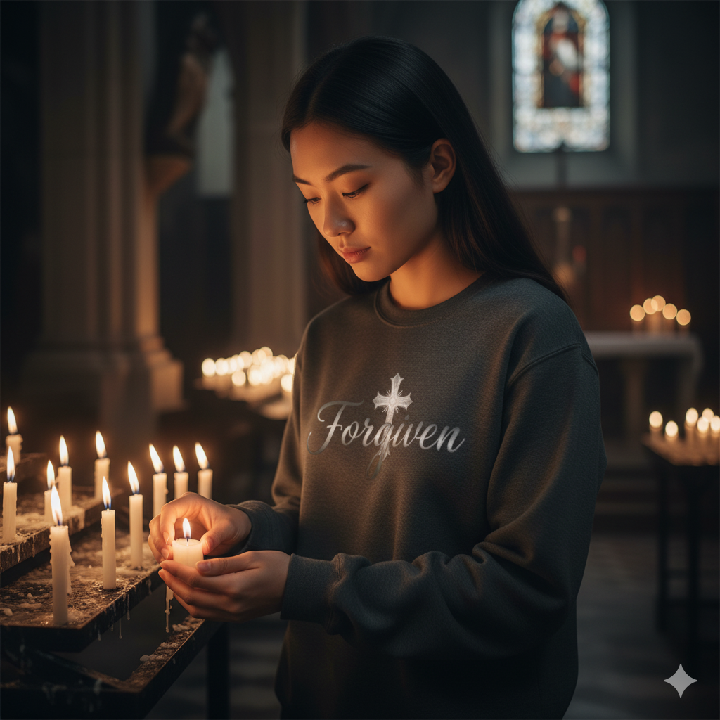 Forgiven Silver Cross Sweatshirt – “For if you forgive others their trespasses, your heavenly Father will also forgive you.” (Matthew 6:14)