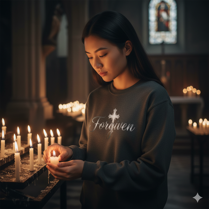 Forgiven Silver Cross Sweatshirt – “For if you forgive others their trespasses, your heavenly Father will also forgive you.” (Matthew 6:14)