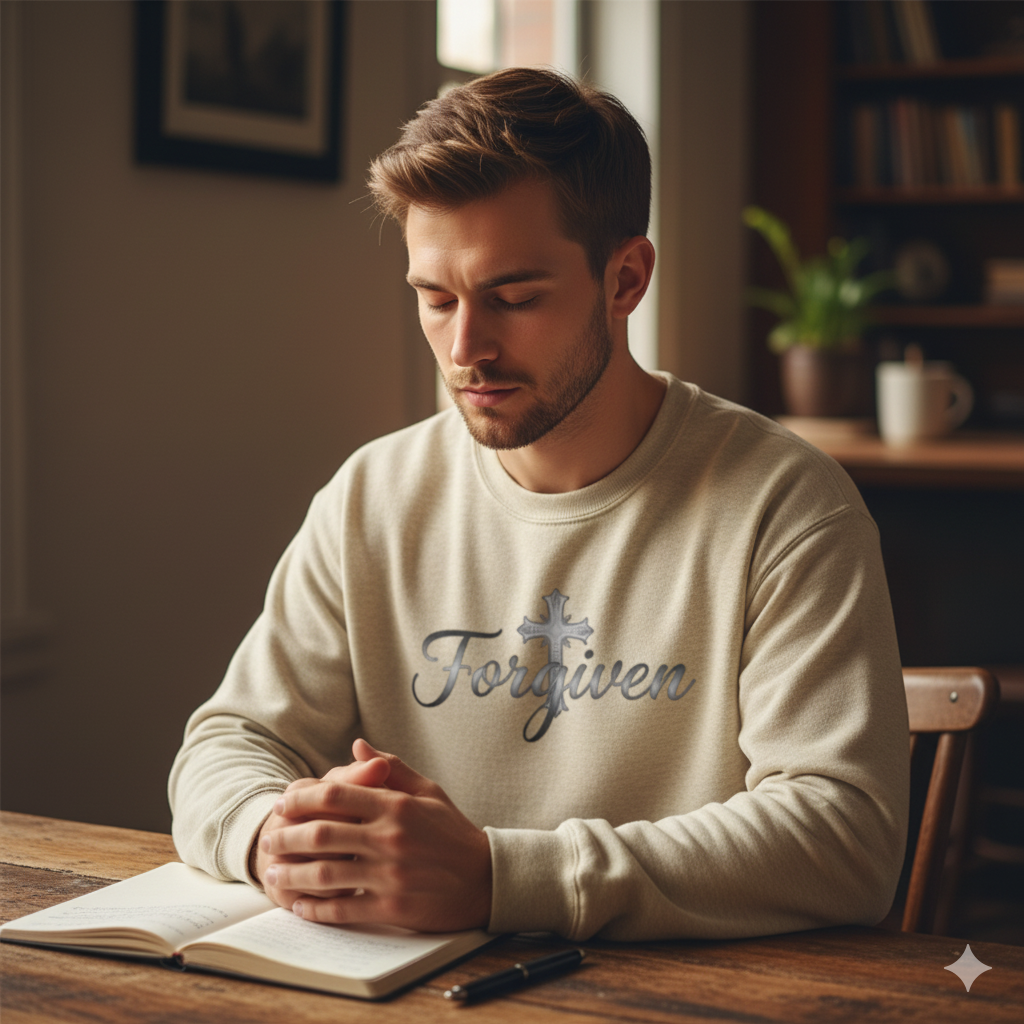 Forgiven Silver Cross Sweatshirt – “For if you forgive others their trespasses, your heavenly Father will also forgive you.” (Matthew 6:14)
