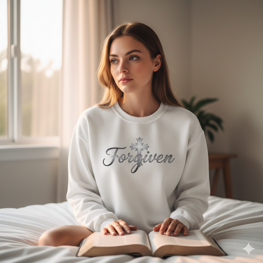 Forgiven Silver Cross Sweatshirt – “For if you forgive others their trespasses, your heavenly Father will also forgive you.” (Matthew 6:14)