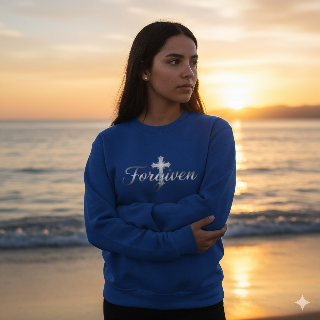 Forgiven Silver Cross Sweatshirt – “For if you forgive others their trespasses, your heavenly Father will also forgive you.” (Matthew 6:14)
