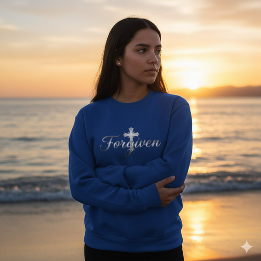 Forgiven Silver Cross Sweatshirt – “For if you forgive others their trespasses, your heavenly Father will also forgive you.” (Matthew 6:14)