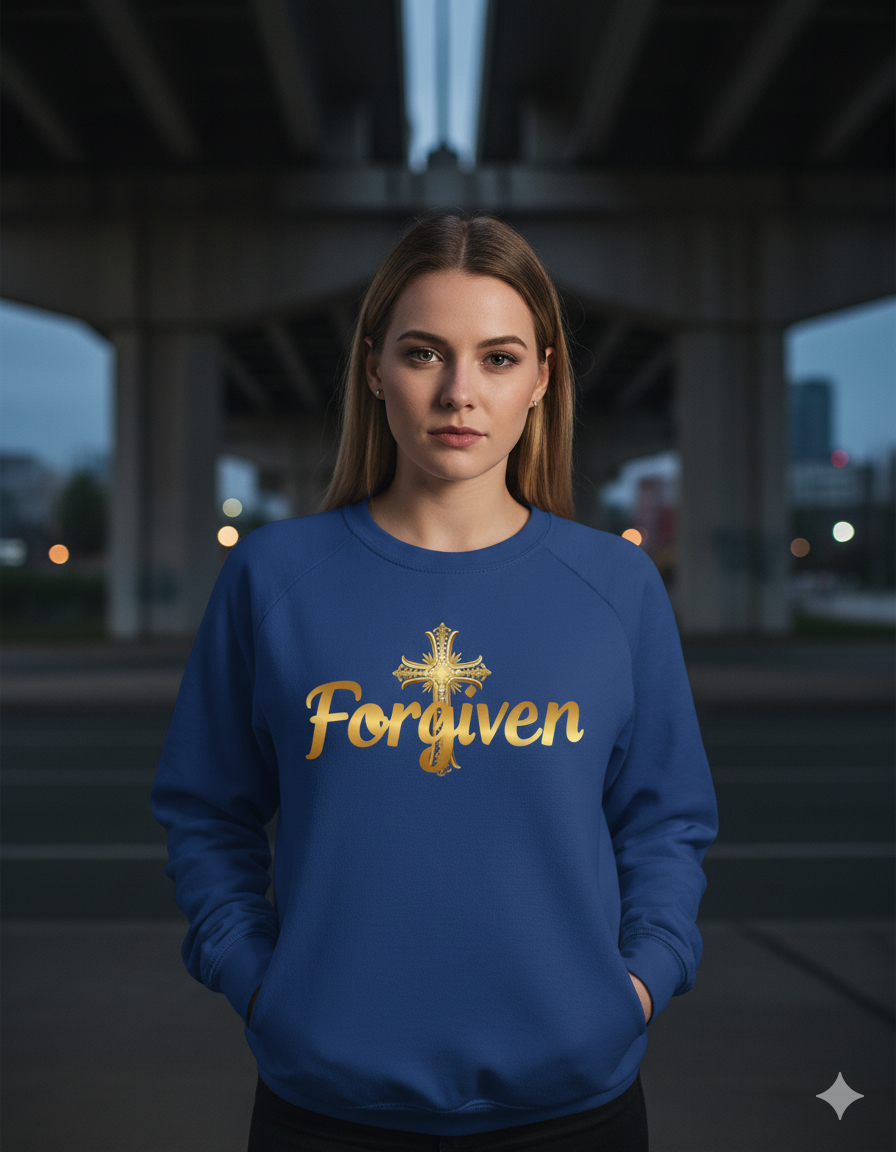 Forgiven Gold Cross Sweatshirt – “For if you forgive others their trespasses, your heavenly Father will also forgive you.” (Matthew 6:14)