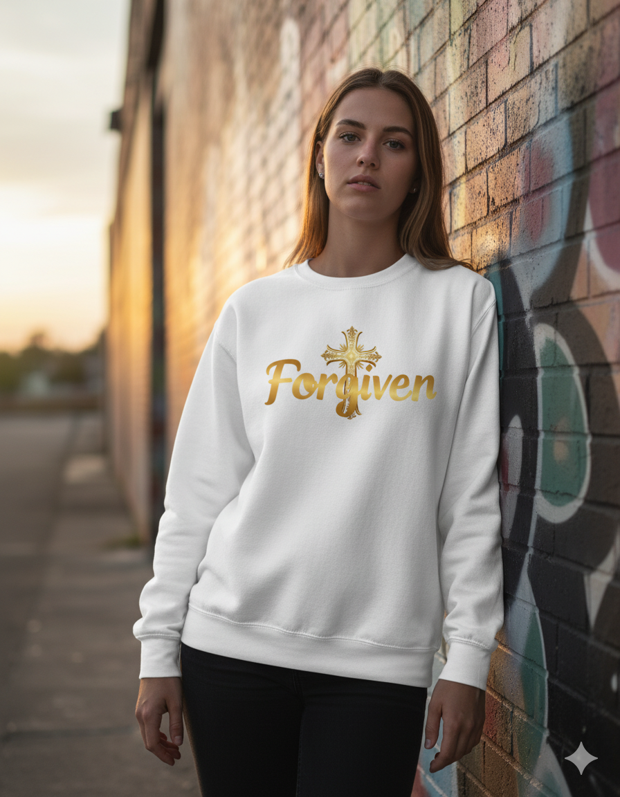 Forgiven Gold Cross Sweatshirt – “For if you forgive others their trespasses, your heavenly Father will also forgive you.” (Matthew 6:14)