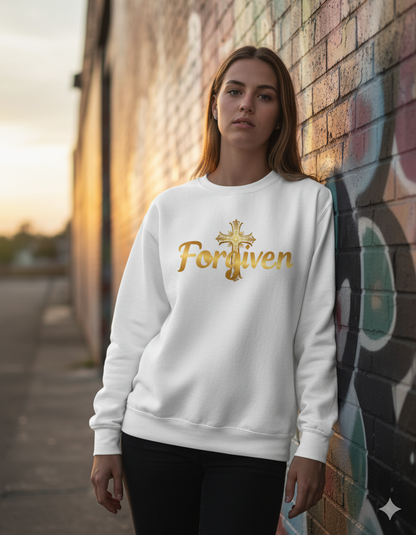 Forgiven Gold Cross Sweatshirt – “For if you forgive others their trespasses, your heavenly Father will also forgive you.” (Matthew 6:14)