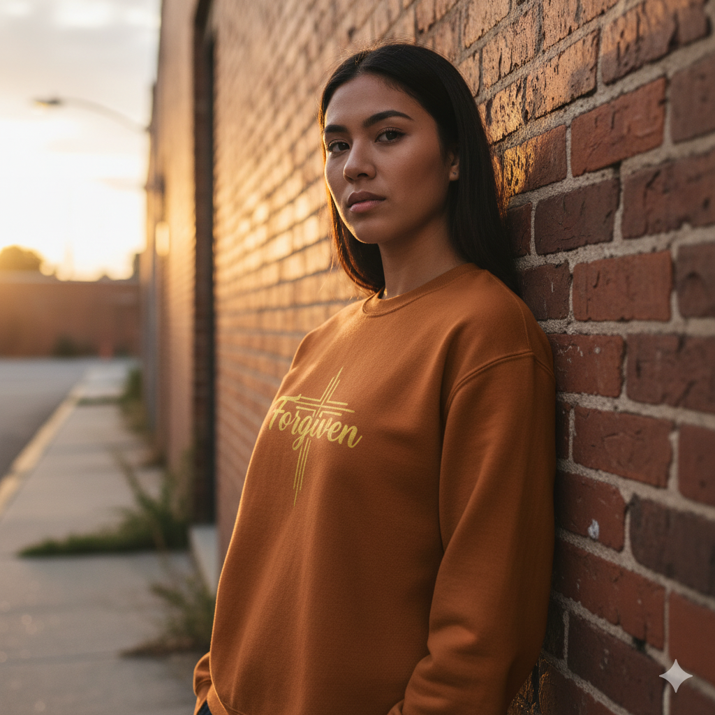 Forgiven Gold Cross Sweatshirt – “For if you forgive others their trespasses, your heavenly Father will also forgive you.” (Matthew 6:14)