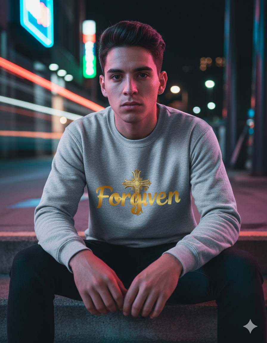 Forgiven Gold Cross Sweatshirt – “For if you forgive others their trespasses, your heavenly Father will also forgive you.” (Matthew 6:14)