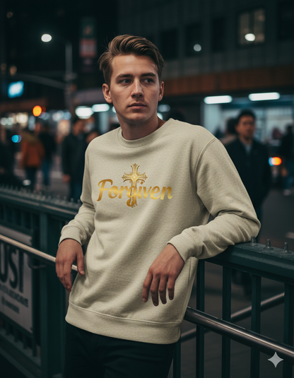 Forgiven Gold Cross Sweatshirt – “For if you forgive others their trespasses, your heavenly Father will also forgive you.” (Matthew 6:14)