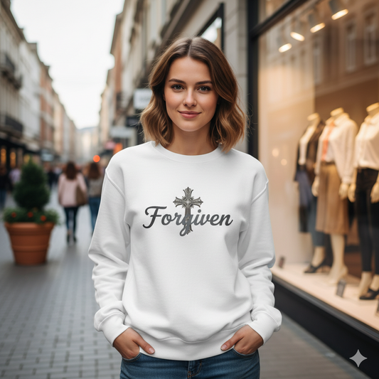 Forgiven Steel Cross Sweatshirt – “For if you forgive others their trespasses, your heavenly Father will also forgive you.” (Matthew 6:14)