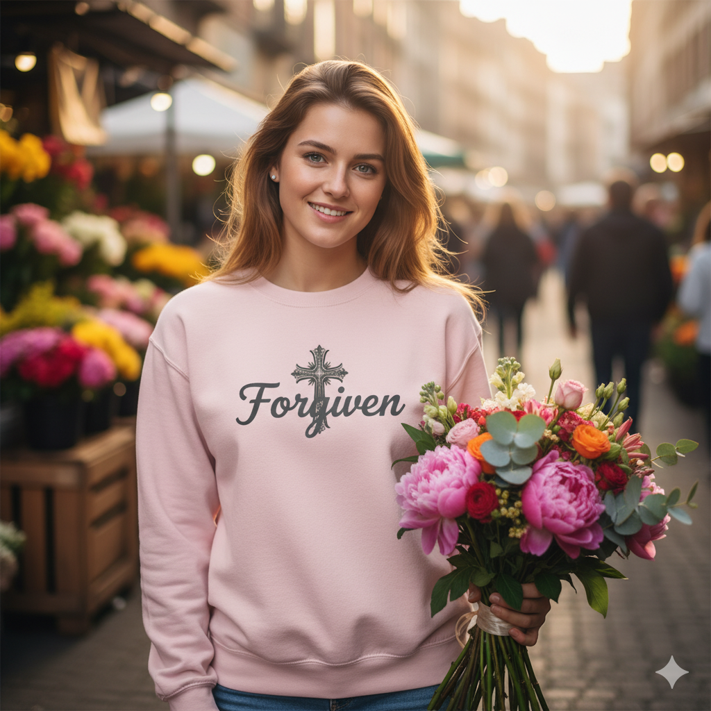 Forgiven Steel Cross Sweatshirt – “For if you forgive others their trespasses, your heavenly Father will also forgive you.” (Matthew 6:14)
