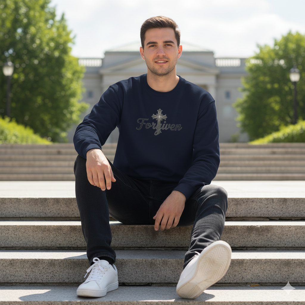 Forgiven Steel Cross Sweatshirt – “For if you forgive others their trespasses, your heavenly Father will also forgive you.” (Matthew 6:14)