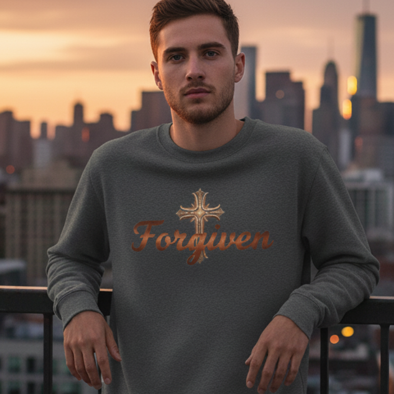 Man wearing a gray sweatshirt with 'Forgiven' text against a city skyline at sunset.