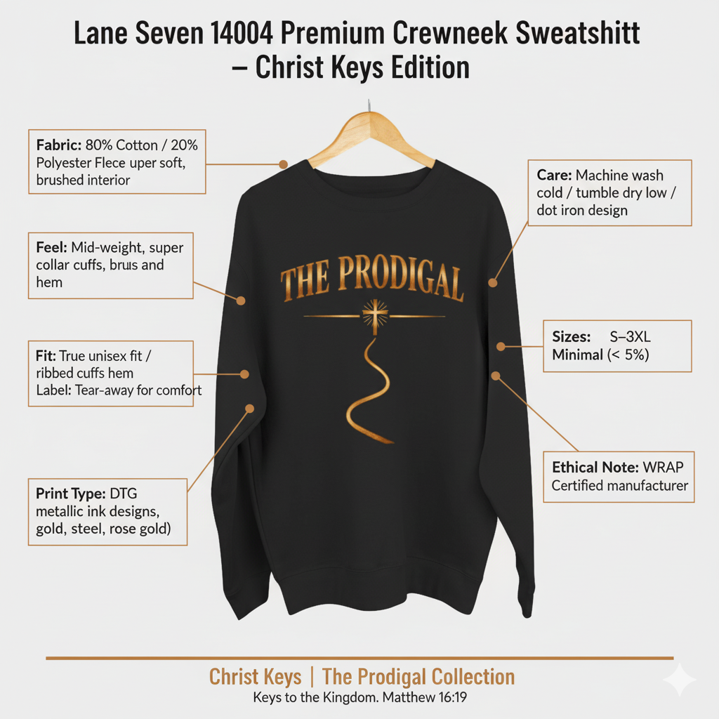 The Prodigal Multicolor Gold Sweatshirt | Christ Keys Christian Apparel – Lost and Found Faith in Shimmering Gold
