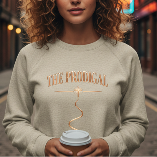 Woman wearing a beige sweatshirt with 'The Prodigal' text, holding a coffee cup on a city street.