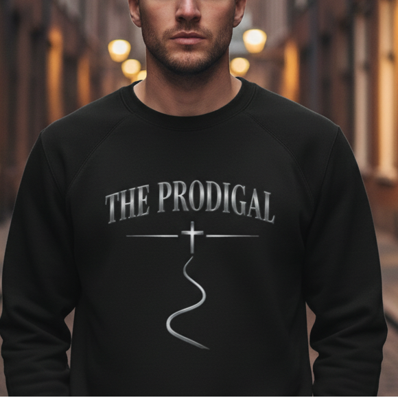 Man wearing a black sweatshirt with 'The Prodigal' text on a street at night.