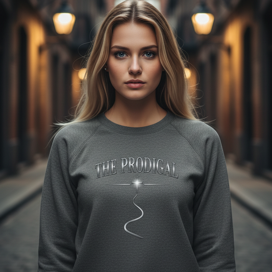 Woman wearing a gray sweatshirt with 'The Prodigal' design on a street at night.