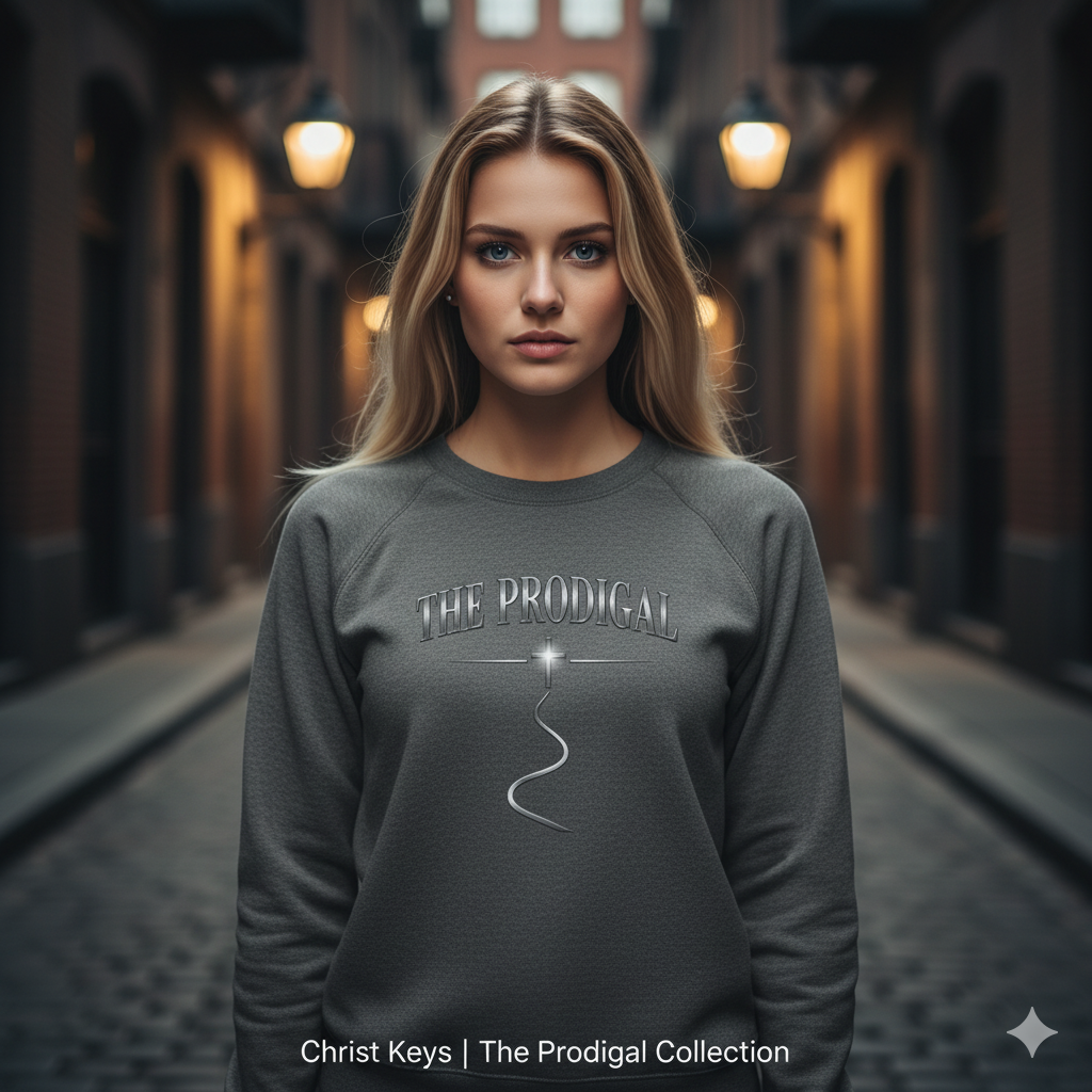 The Prodigal Steel Sweatshirt | Christ Keys Christian Apparel – Strength and Grace in Metallic Steel