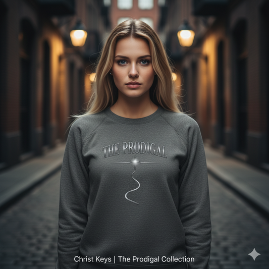 The Prodigal Steel Sweatshirt | Christ Keys Christian Apparel – Strength and Grace in Metallic Steel