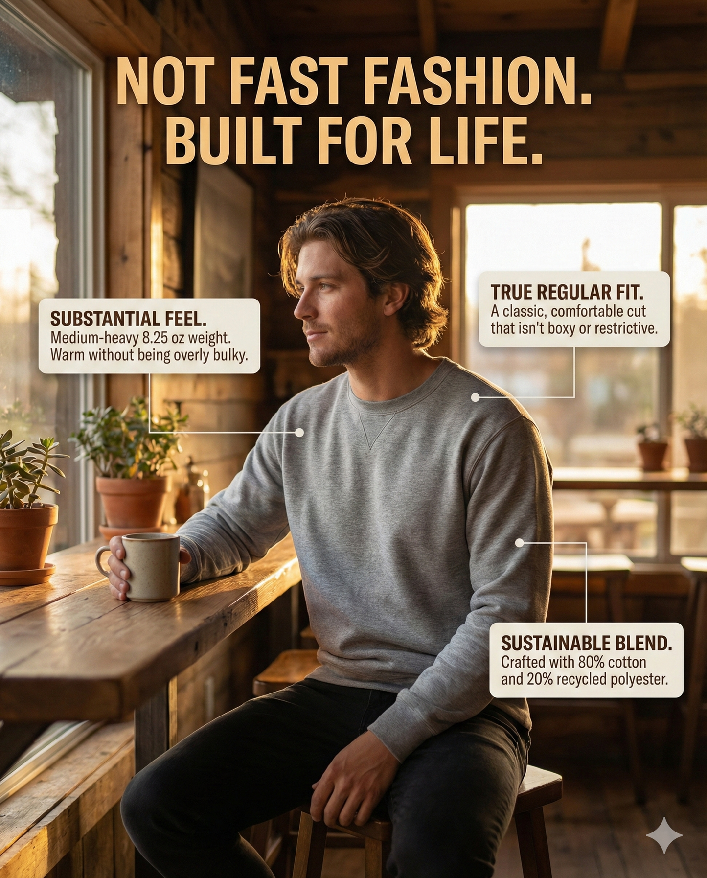 Man sitting at a wooden table with text about fast fashion and sustainable clothing.