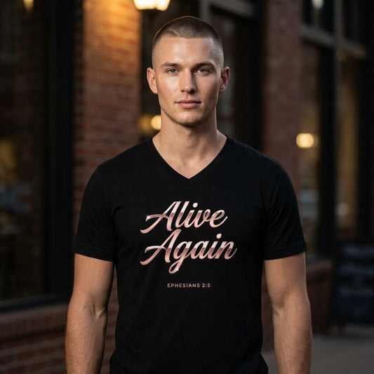 Alive Again Ephesians 2:5 Christian V-Neck T-Shirt - Unisex Faith Apparel, Scripture Graphic, Soft Cotton