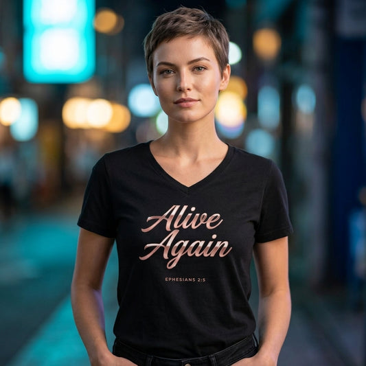 Alive Again Ephesians 2:5 Christian V-Neck T-Shirt - Unisex Faith Apparel, Scripture Graphic, Soft Cotton