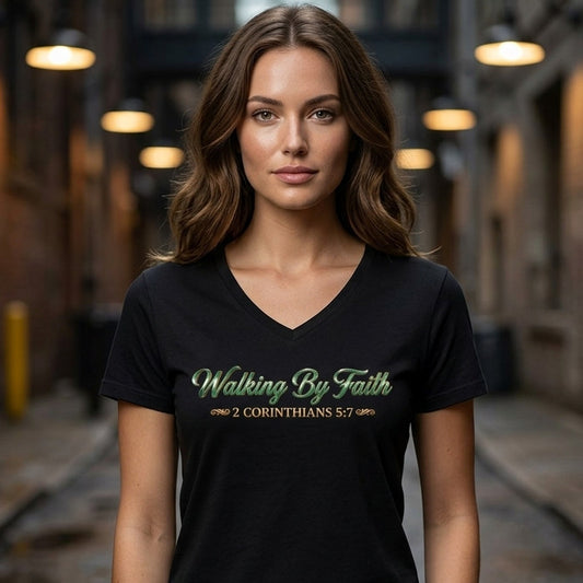 Walking By Faith 2 Corinthians 5:7 Christian V-Neck T-Shirt - Unisex Faith Apparel, Scripture Graphic, Soft Cotton