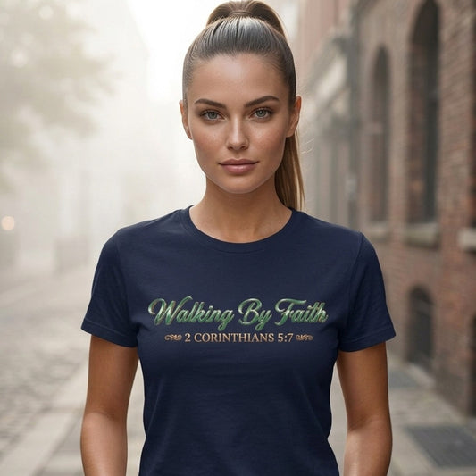 Walking By Faith 2 Corinthians 5:7 Christian T-Shirt - Unisex Faith Apparel, Scripture Graphic, Soft Cotton