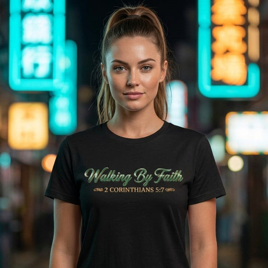 Walking By Faith 2 Corinthians 5:7 Christian T-Shirt - Unisex Faith Apparel, Scripture Graphic, Soft Cotton