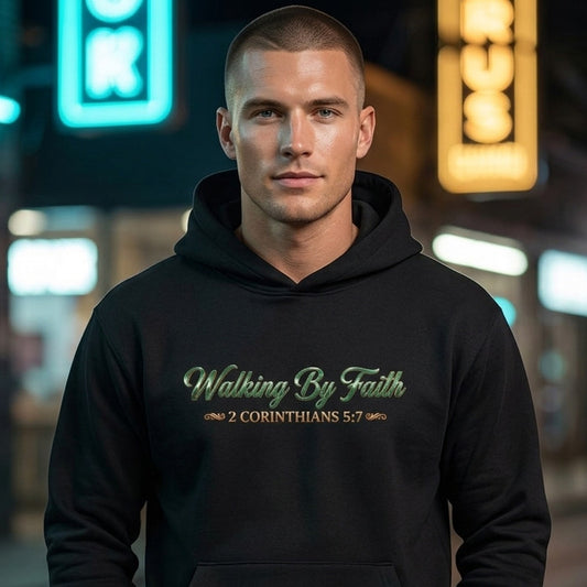 Walking By Faith 2 Corinthians 5:7 Christian Pullover Hoodie - Unisex Faith Apparel, Scripture Graphic, Soft Cotton