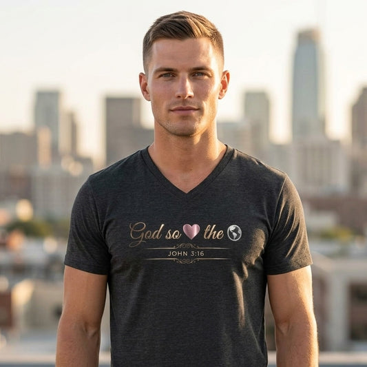 God So Loved The World John 3:16 Christian V-Neck T-Shirt - Unisex Faith Apparel, Scripture Graphic, Soft Cotton