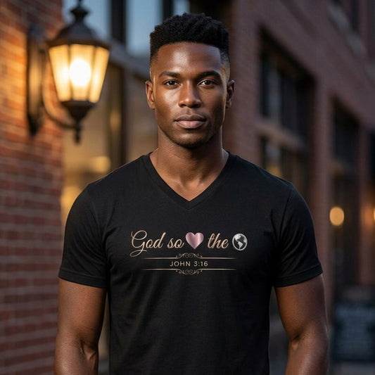 God So Loved The World John 3:16 Christian V-Neck T-Shirt - Unisex Faith Apparel, Scripture Graphic, Soft Cotton