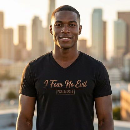 I Fear No Evil Psalm 23:4 Christian V-Neck T-Shirt - Unisex Faith Apparel, Scripture Graphic, Soft Cotton