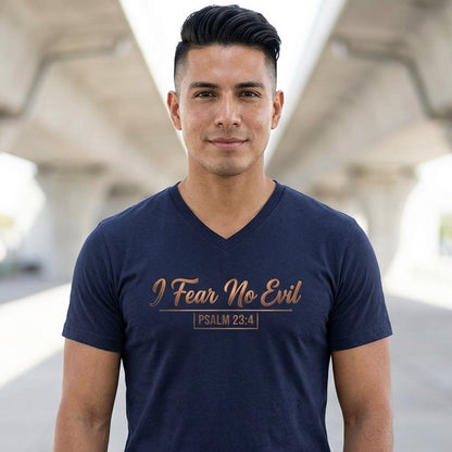 I Fear No Evil Psalm 23:4 Christian V-Neck T-Shirt - Unisex Faith Apparel, Scripture Graphic, Soft Cotton