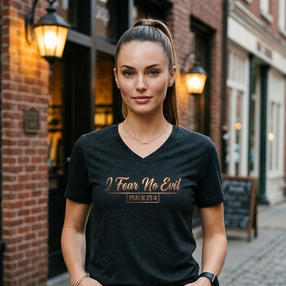 I Fear No Evil Psalm 23:4 Christian V-Neck T-Shirt - Unisex Faith Apparel, Scripture Graphic, Soft Cotton