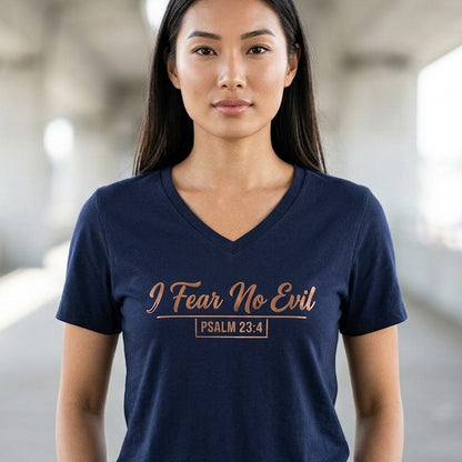 I Fear No Evil Psalm 23:4 Christian V-Neck T-Shirt - Unisex Faith Apparel, Scripture Graphic, Soft Cotton