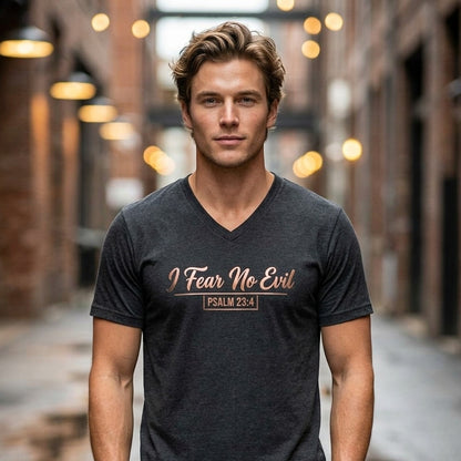 I Fear No Evil Psalm 23:4 Christian V-Neck T-Shirt - Unisex Faith Apparel, Scripture Graphic, Soft Cotton