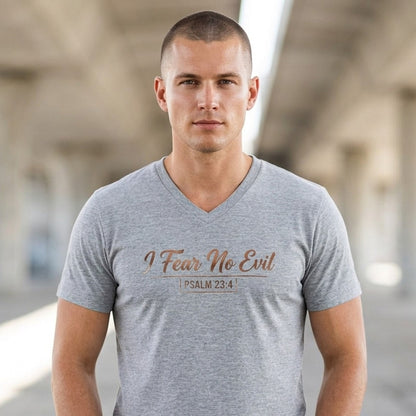 I Fear No Evil Psalm 23:4 Christian V-Neck T-Shirt - Unisex Faith Apparel, Scripture Graphic, Soft Cotton