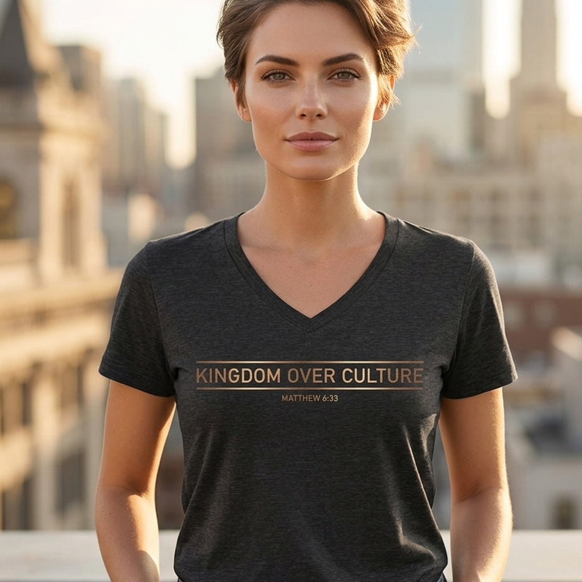 Kingdom Over Culture Matthew 6:33 Christian V-Neck T-Shirt - Unisex Faith Apparel, Scripture Graphic, Soft Cotton