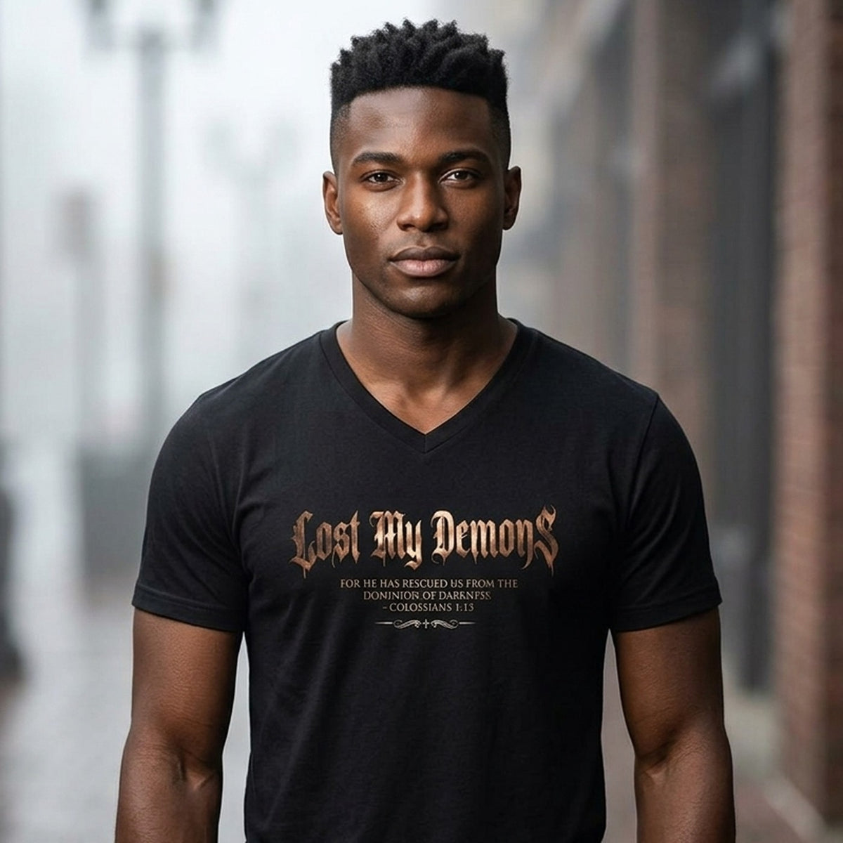Lost My Demons Colossians 1:13 Christian V-Neck T-Shirt - Unisex Faith Apparel, Scripture Graphic, Soft Cotton