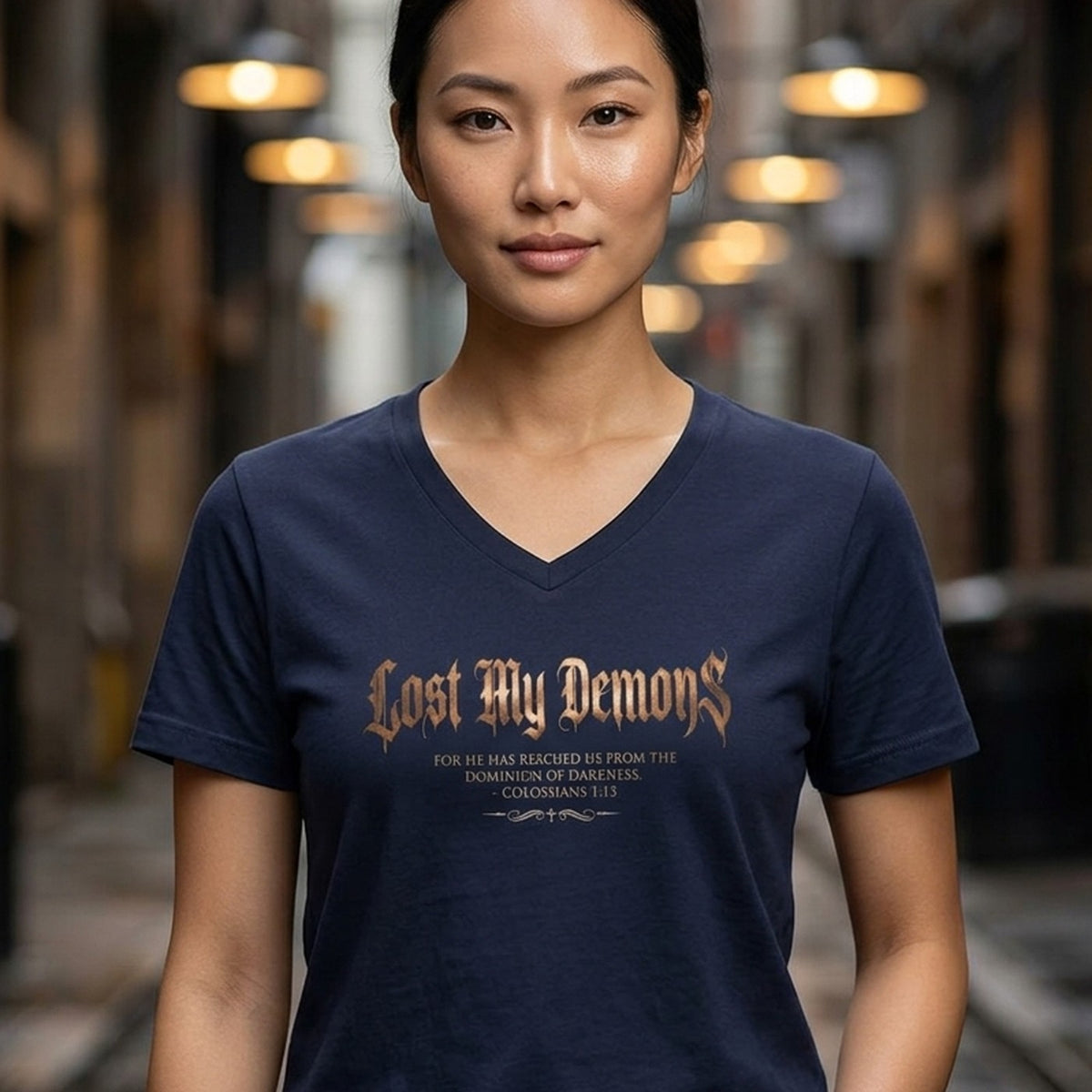 Lost My Demons Colossians 1:13 Christian V-Neck T-Shirt - Unisex Faith Apparel, Scripture Graphic, Soft Cotton