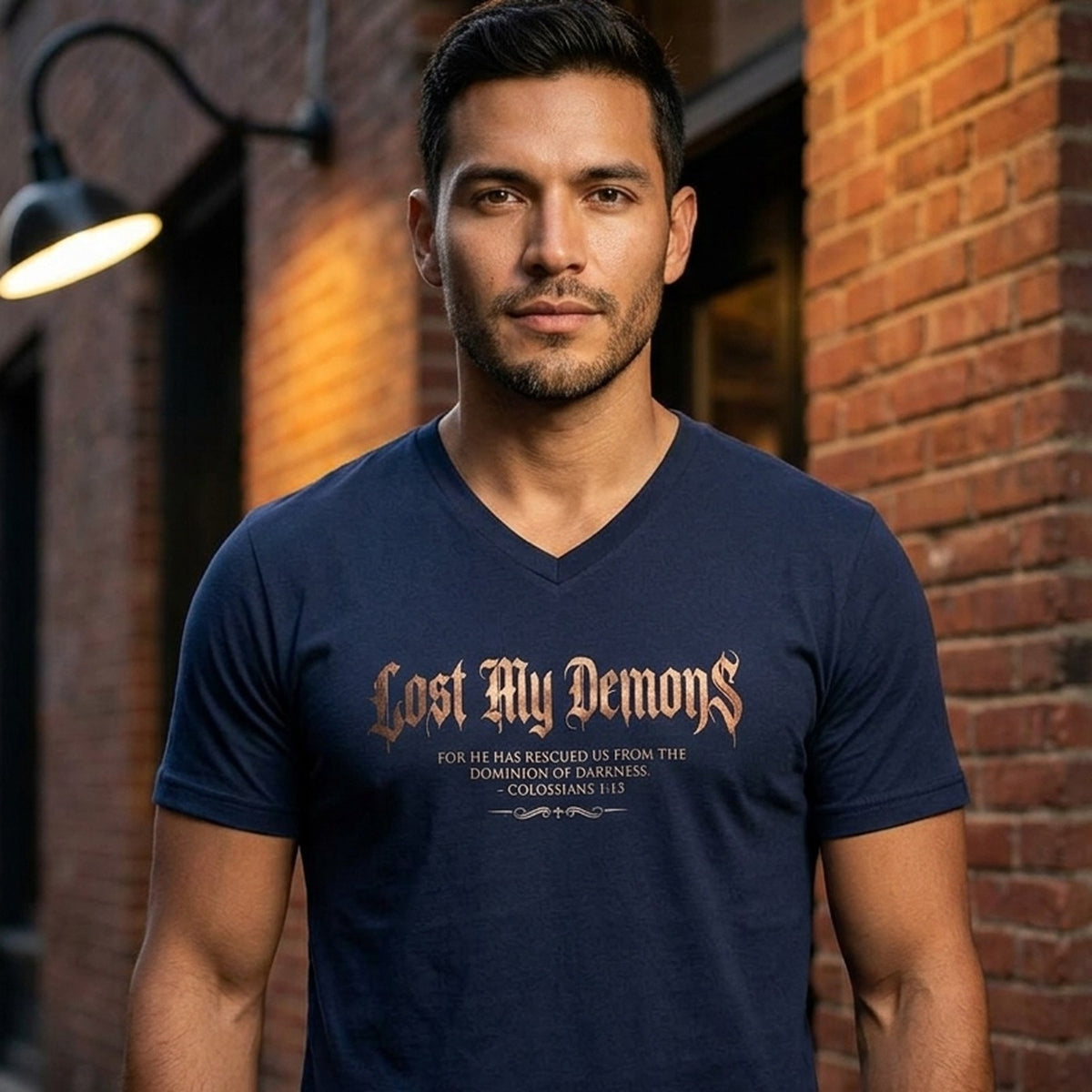 Lost My Demons Colossians 1:13 Christian V-Neck T-Shirt - Unisex Faith Apparel, Scripture Graphic, Soft Cotton