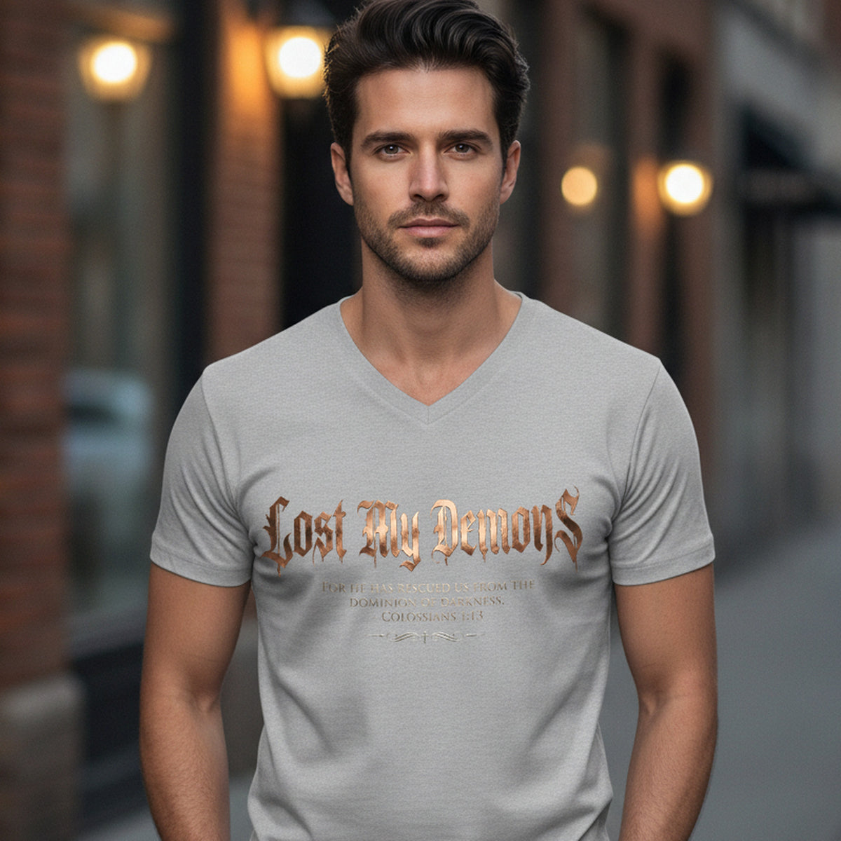Lost My Demons Colossians 1:13 Christian V-Neck T-Shirt - Unisex Faith Apparel, Scripture Graphic, Soft Cotton