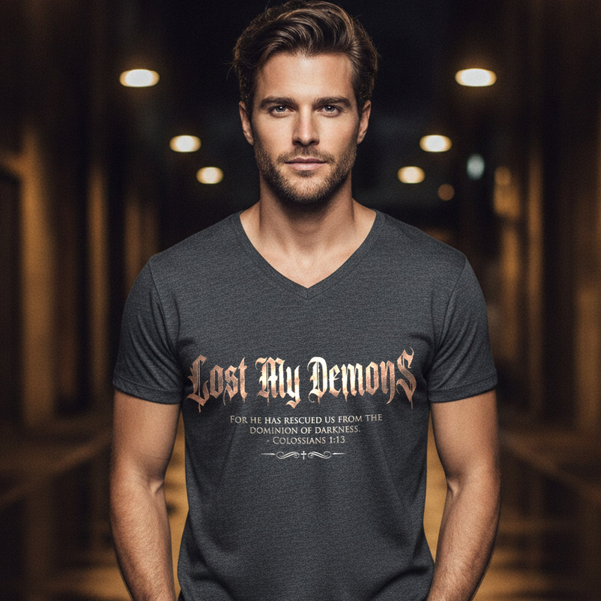 Lost My Demons Colossians 1:13 Christian V-Neck T-Shirt - Unisex Faith Apparel, Scripture Graphic, Soft Cotton