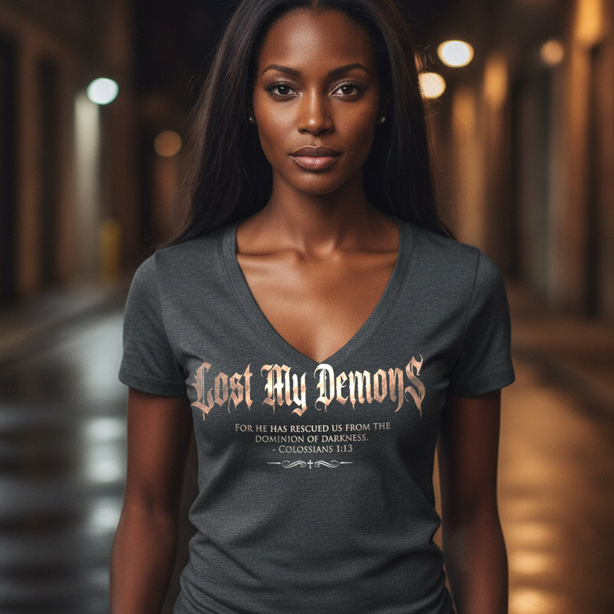 Lost My Demons Colossians 1:13 Christian V-Neck T-Shirt - Unisex Faith Apparel, Scripture Graphic, Soft Cotton