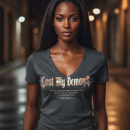 Lost My Demons Colossians 1:13 Christian V-Neck T-Shirt - Unisex Faith Apparel, Scripture Graphic, Soft Cotton