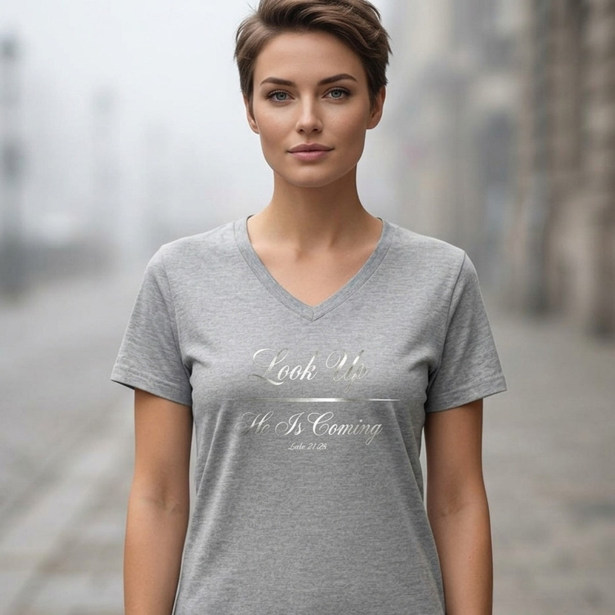 Look Up He Is Coming Luke 21:28 Christian V-Neck T-Shirt - Unisex Faith Apparel, Scripture Graphic, Soft Cotton