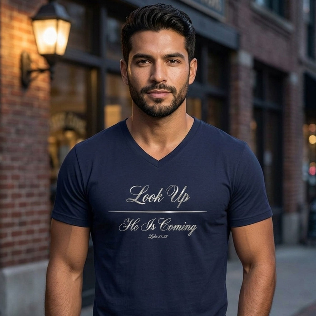 Look Up He Is Coming Luke 21:28 Christian V-Neck T-Shirt - Unisex Faith Apparel, Scripture Graphic, Soft Cotton