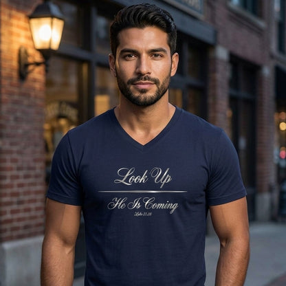 Look Up He Is Coming Luke 21:28 Christian V-Neck T-Shirt - Unisex Faith Apparel, Scripture Graphic, Soft Cotton