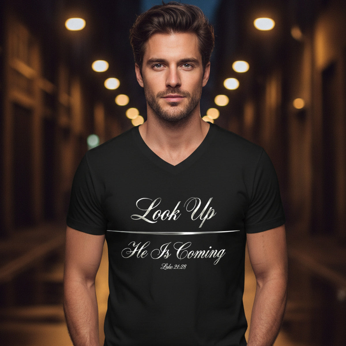 Look Up He Is Coming Luke 21:28 Christian V-Neck T-Shirt - Unisex Faith Apparel, Scripture Graphic, Soft Cotton