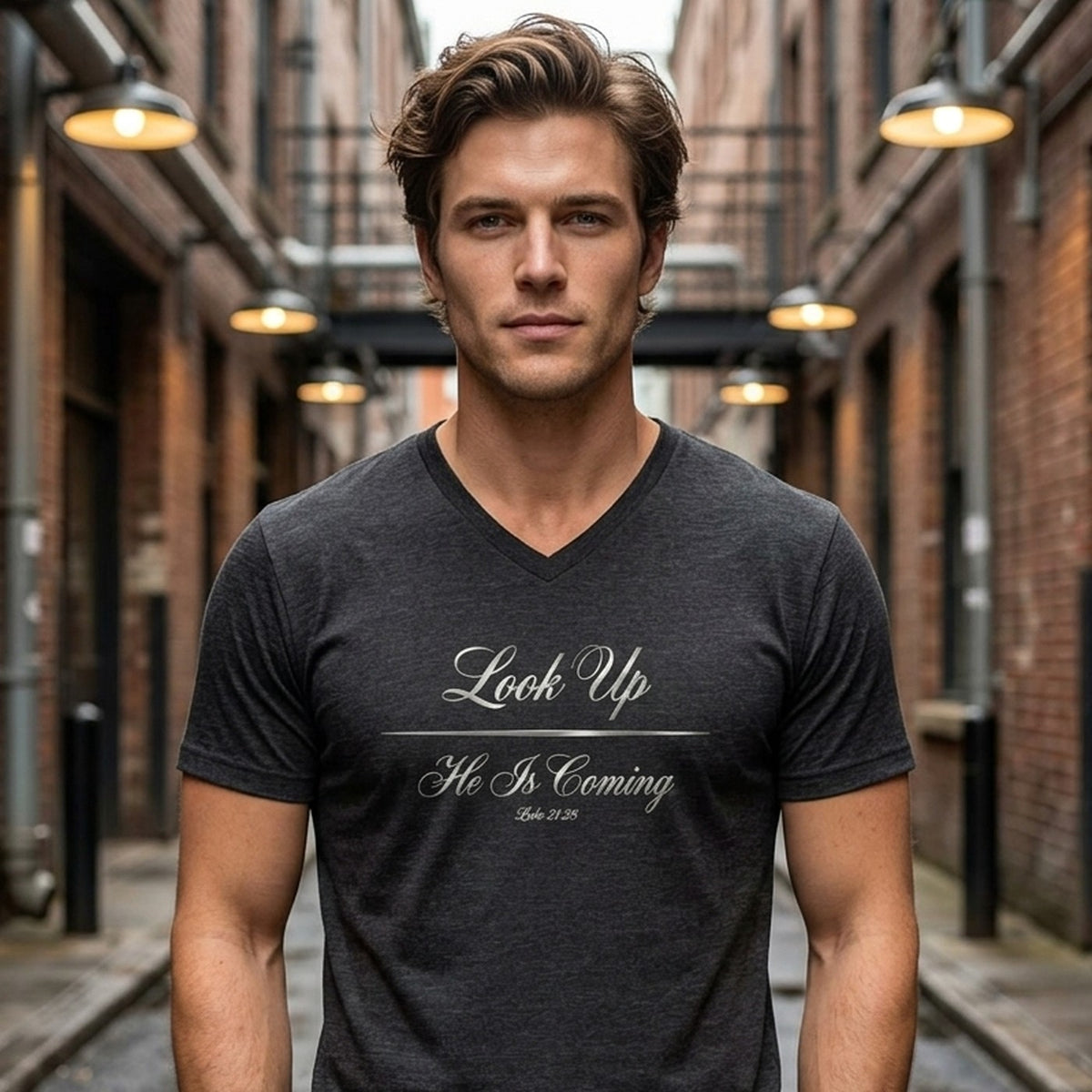 Look Up He Is Coming Luke 21:28 Christian V-Neck T-Shirt - Unisex Faith Apparel, Scripture Graphic, Soft Cotton